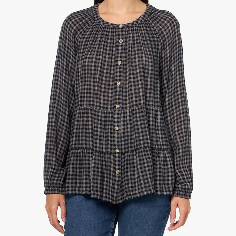Lucky Brand Navy Gingham Crinkle Gauze Tiered Peasant Blouse Small